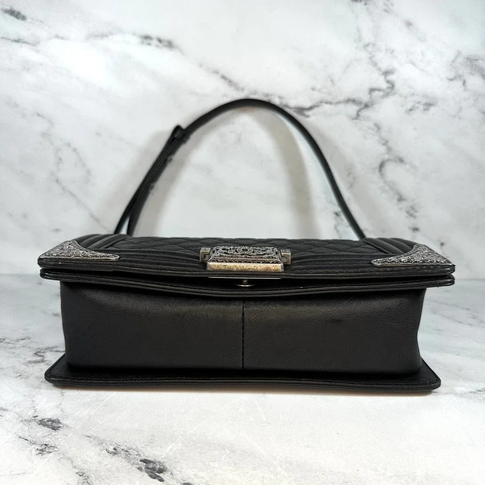 ❌❌ Chanel Boy Bag Metal Old Medium Classic Quilted Black Flap CC Leboy Calfskin - Picture 13 of 16